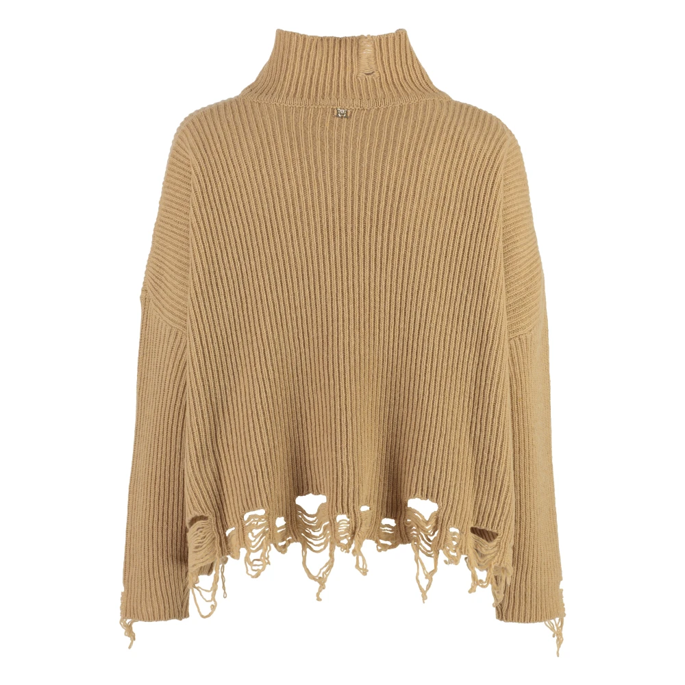 pinko Geribbelde gebreide coltrui met versleten details Beige Dames