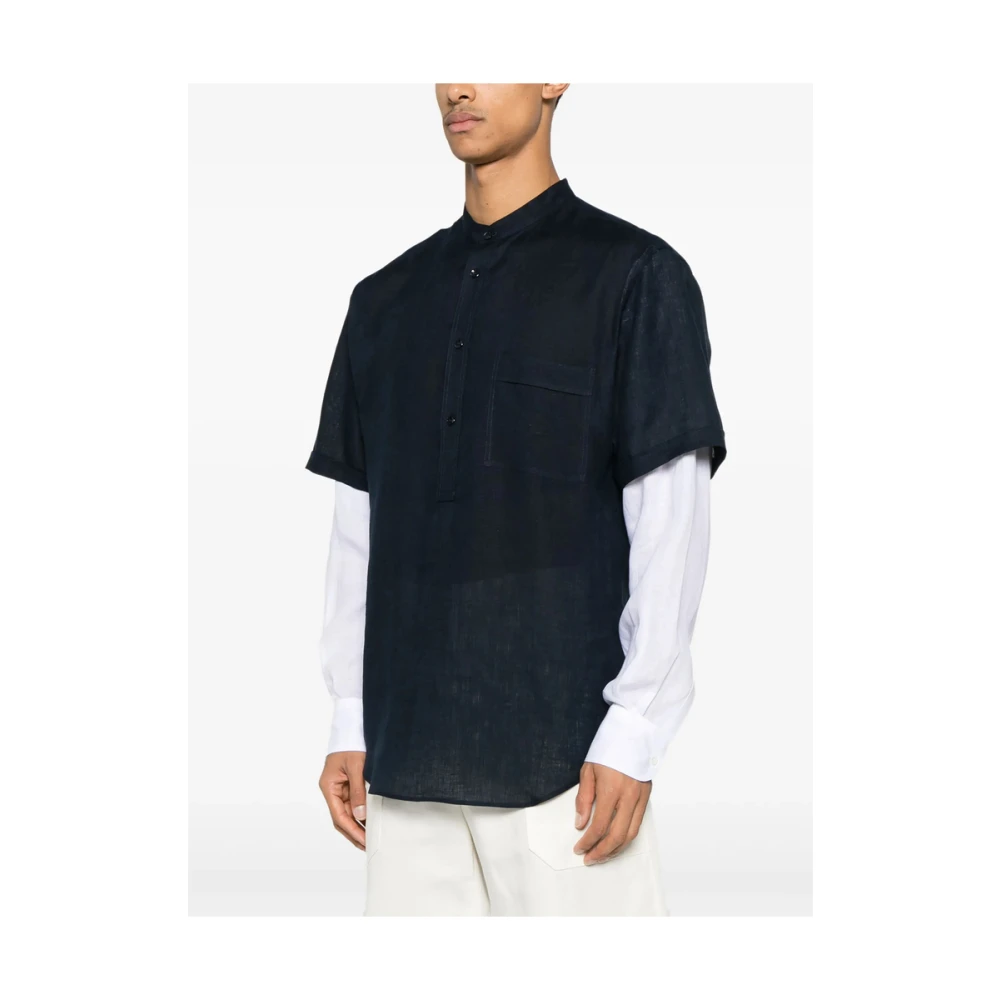 Giorgio Armani Navy Blue Layered Band Collar Shirt Blue Heren