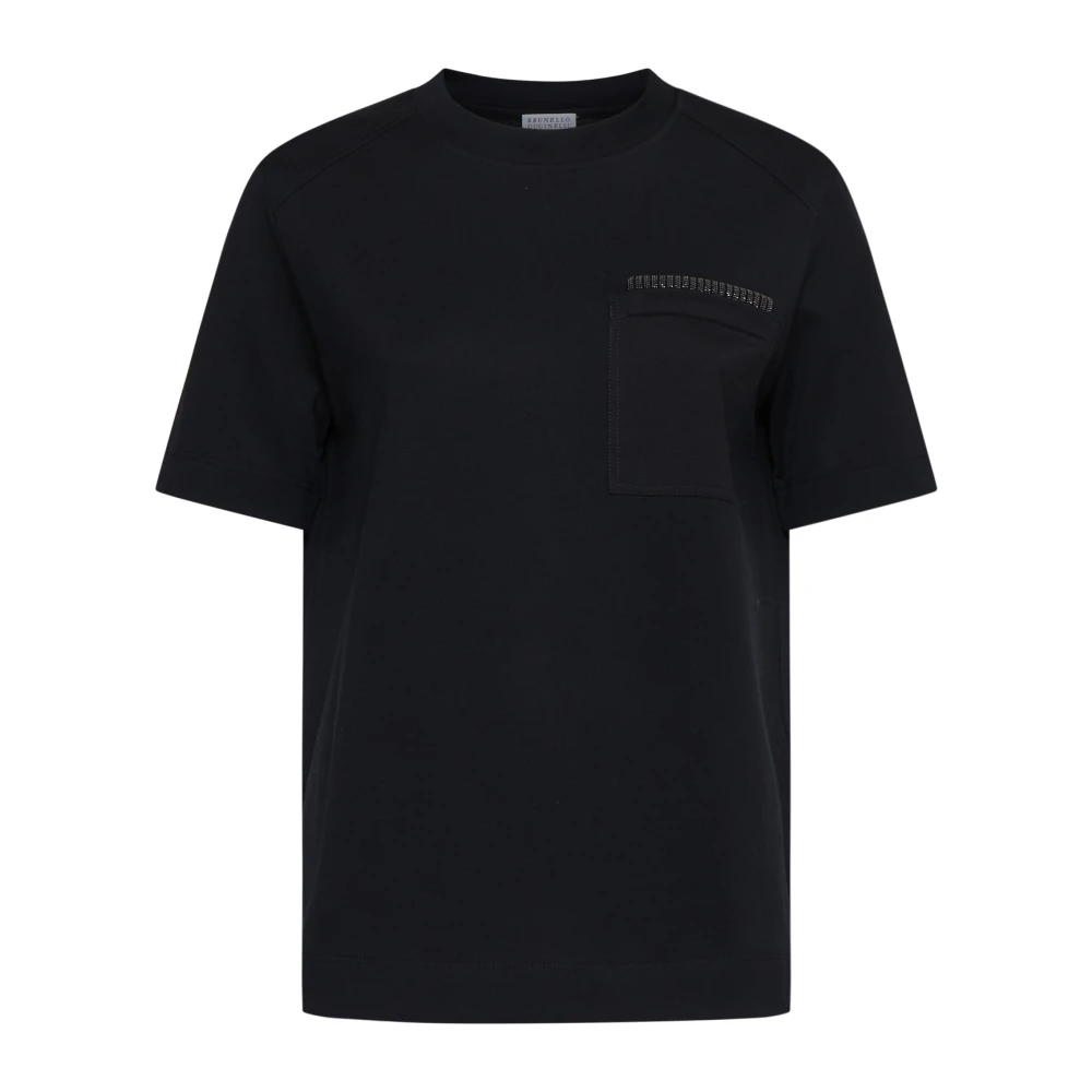 BRUNELLO CUCINELLI Zwarte Katoenen T-shirt met Monile Versiering Black Dames