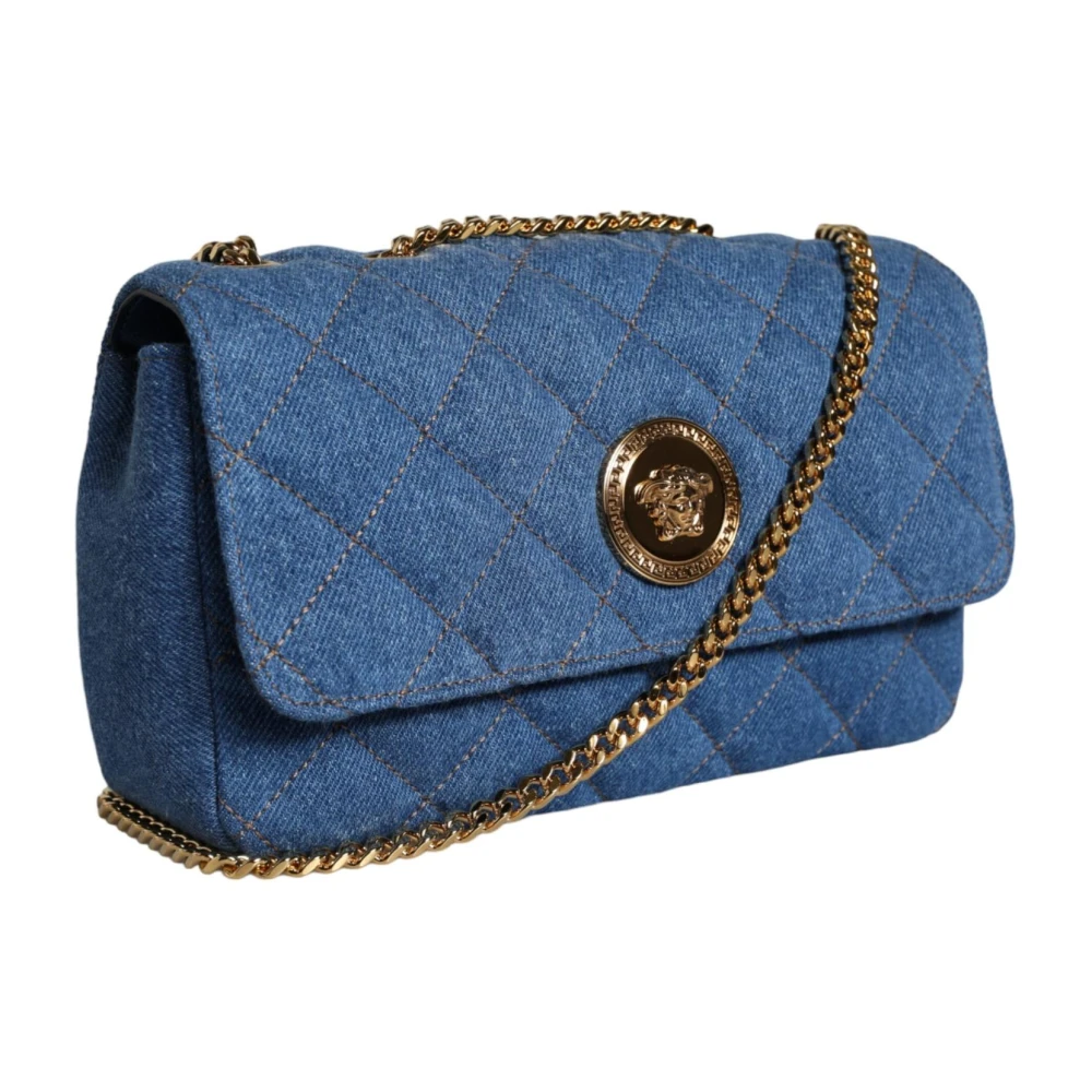 Versace Gewatteerde Denim Leren Crossbody Tas Blue Dames
