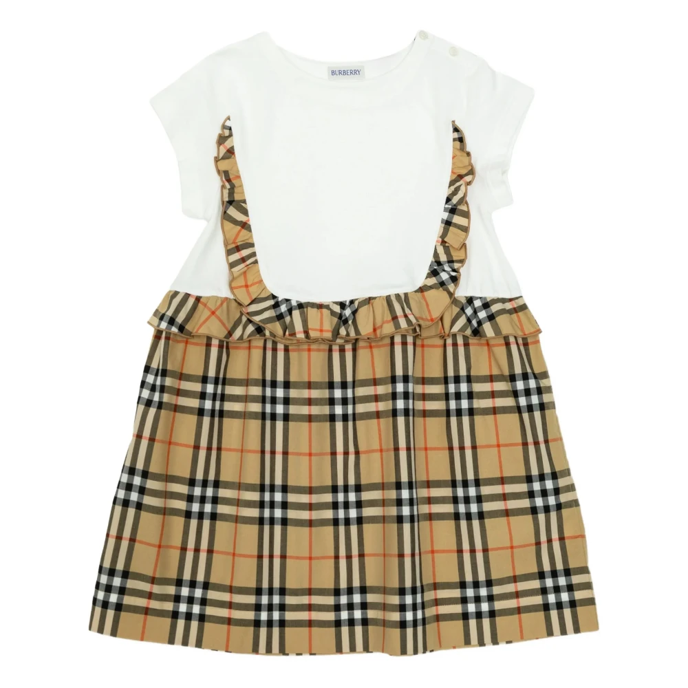 Burberry Girls Beige Check Trim Stretch Cotton Dress - Dresses - 10 Y - Kids