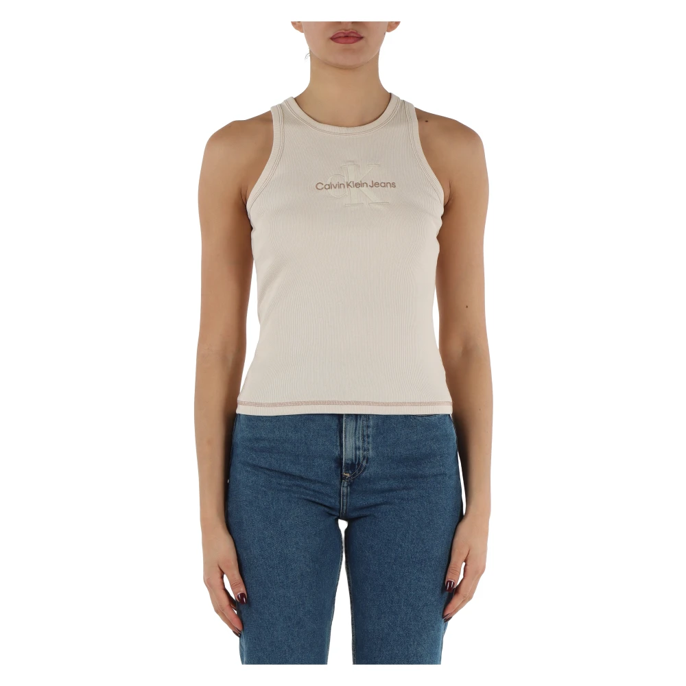 Calvin Klein Jeans Geribbelde katoenen stretch tanktop met logo borduursel Beige Dames