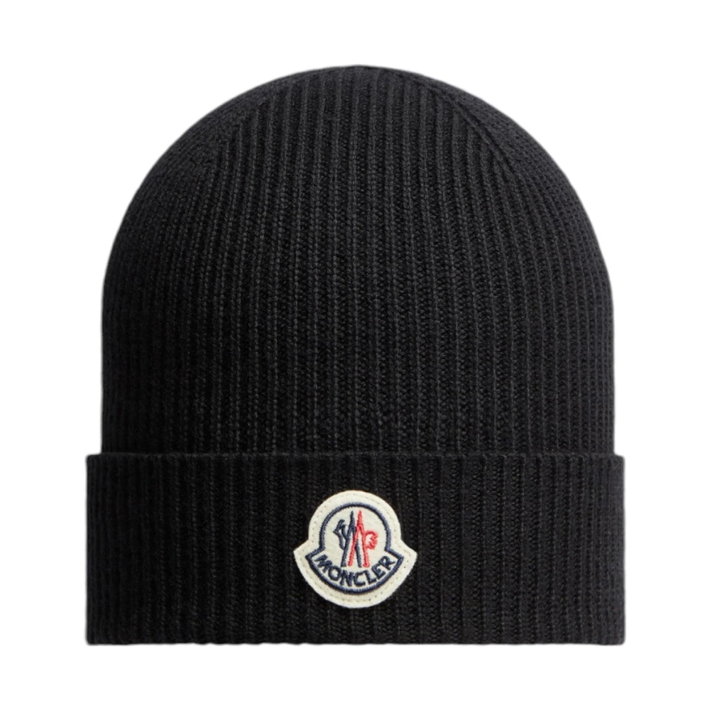 Moncler Zwarte Wol Ribgebreide Muts Black Heren