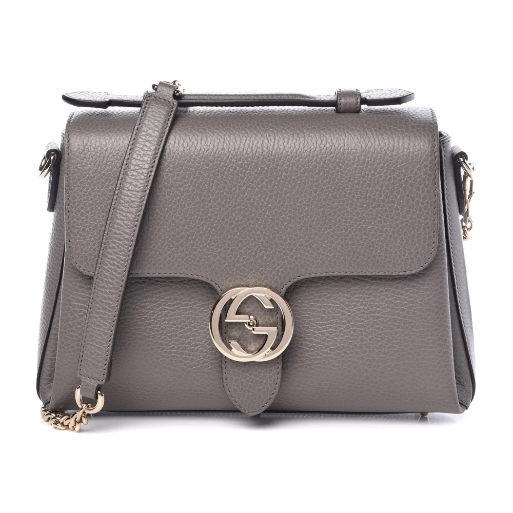 Gucci Interlocking G Zwarte Leren Schoudertas met Ketting Gray Dames