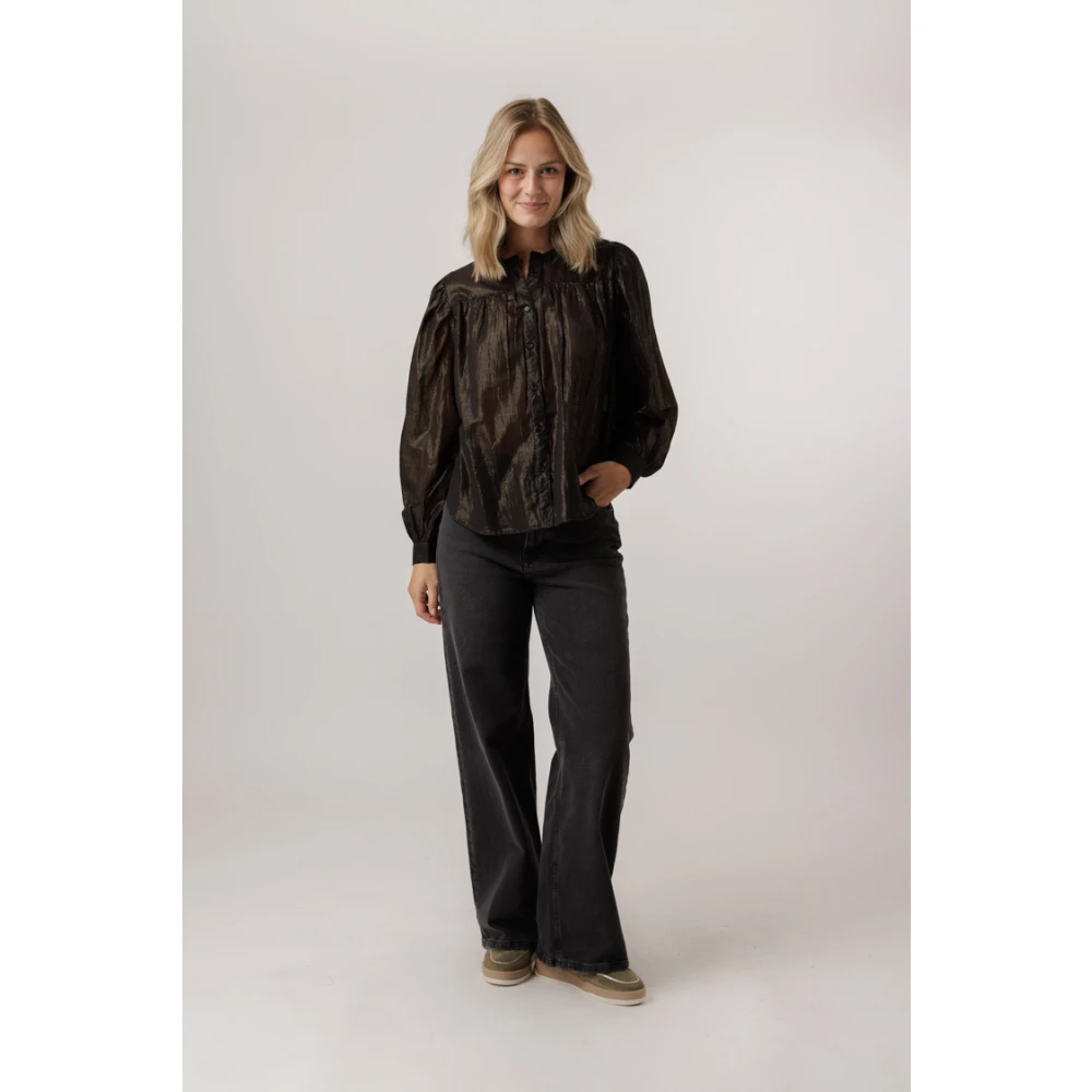 By-Bar Midnight Lurex Blouse met Ballonmouwen Black Dames