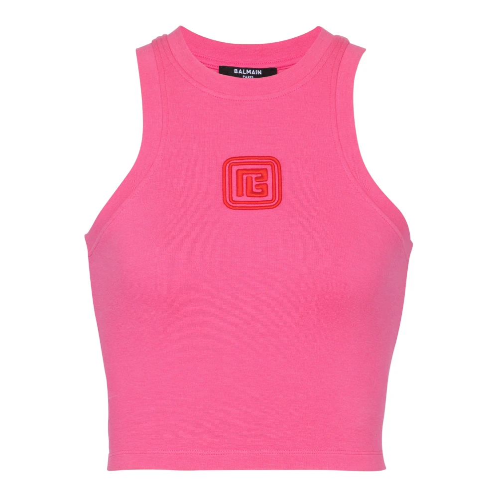 Balmain Geknipte tanktop met retro PB-borduursel Pink Dames