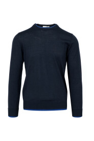 Blauer Wollpullover, Rundhals, Lange Ärmel