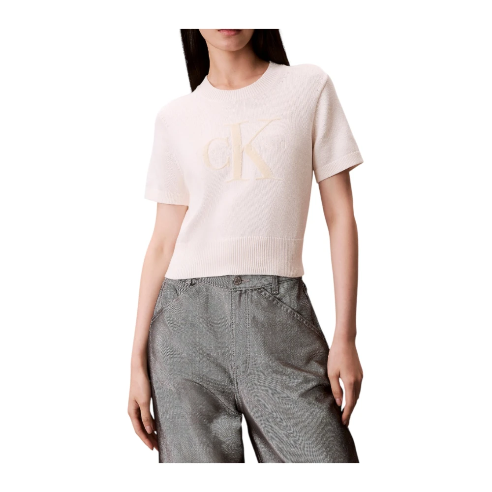 Calvin Klein Women's White Round-Neck Knitwear, S, Monologo Cropped Jumper