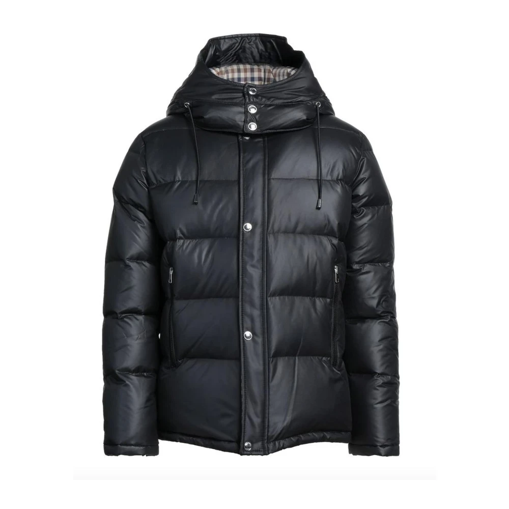 Aquascutum Geruite Voering Hoodie Jas Zwart Ganzendons Black Heren