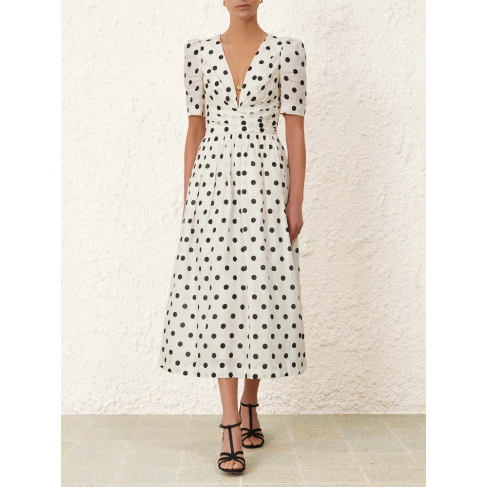 Zimmermann Polka Dot Midi Jurk met Plunge Halslijn White Dames