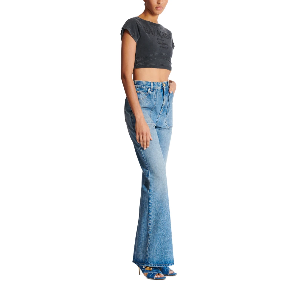 Balmain Cropped Couture Geborduurd T-shirt Gray Dames