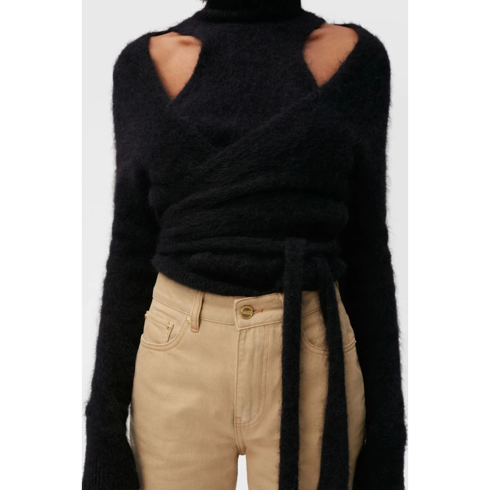 Ganni Alpaca-Blend Wrap-Over Blouse Black Dames