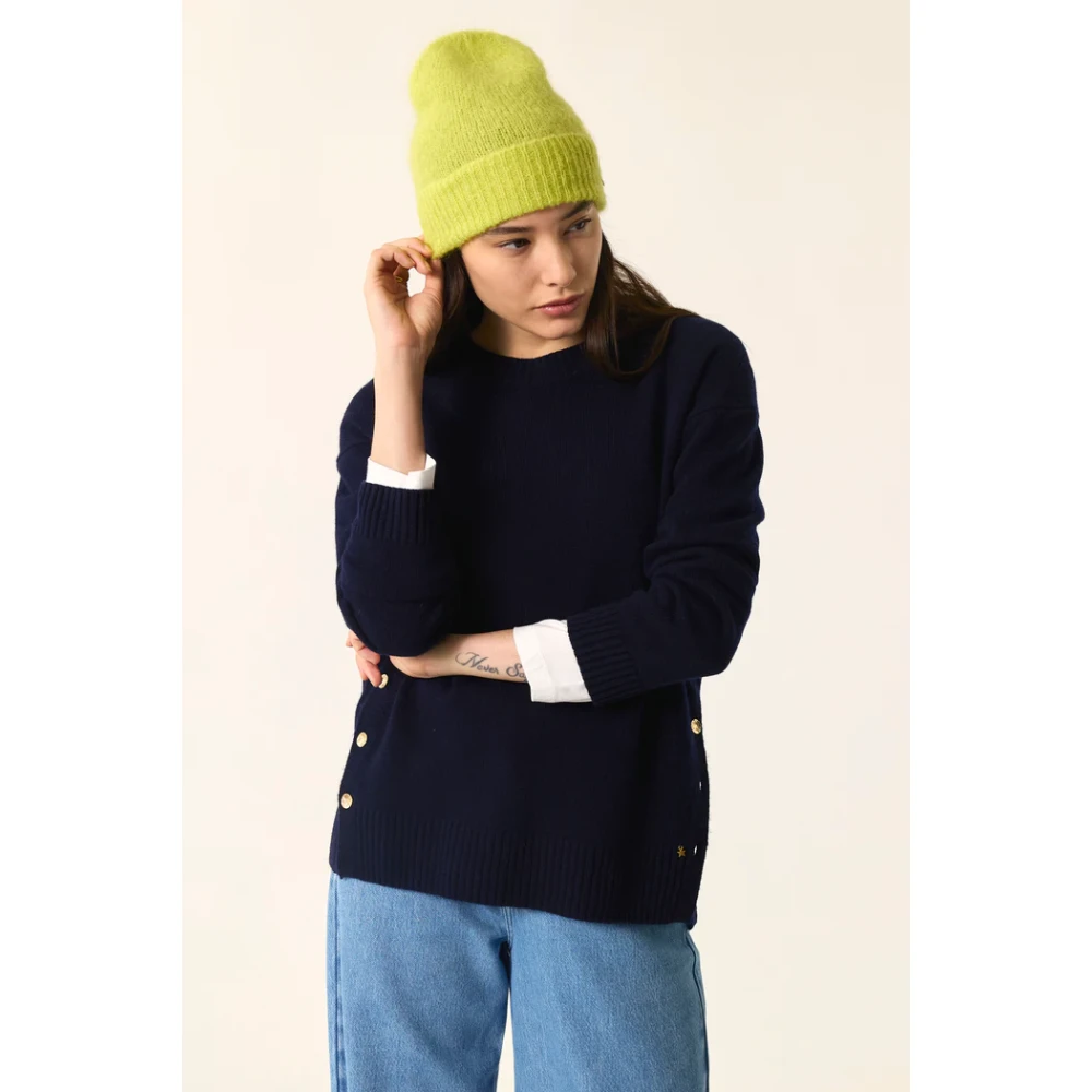 Des Petits Hauts Navy Merino Wol Lange Mouw Top Blue Dames