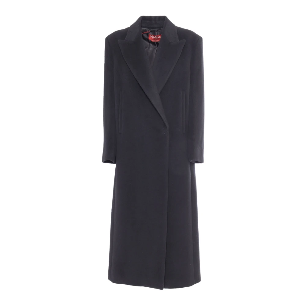 Max Mara Studio Zwarte dubbelrijige lange jas Black Dames