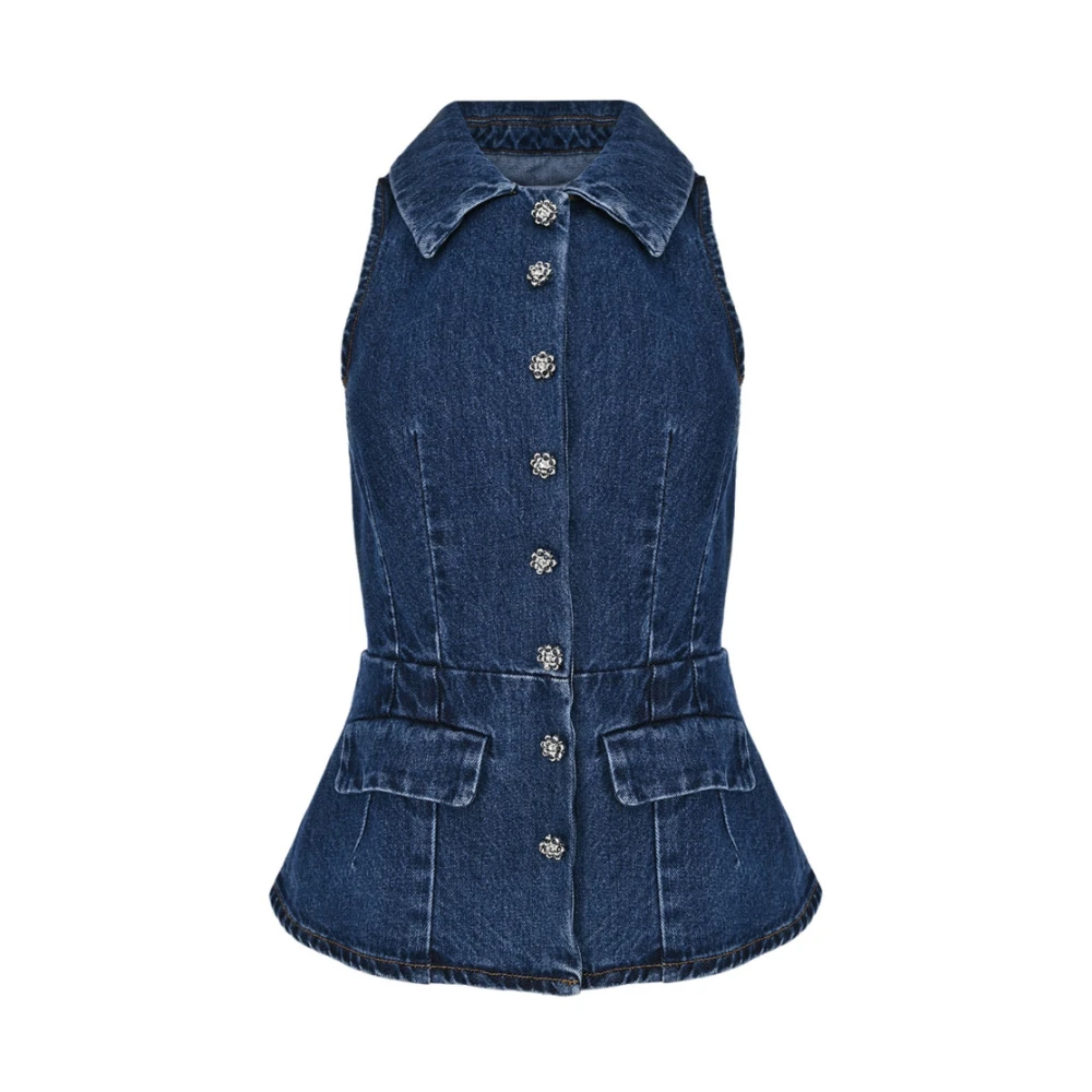 Self Portrait Denim Vest met Kraag en Zakken Blue Dames