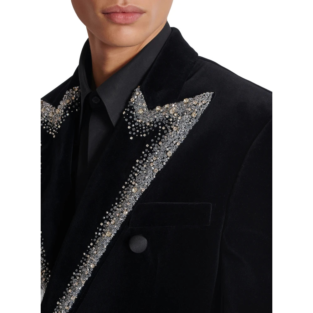 Balmain Fluwelen jas met geborduurde kraag Black Heren