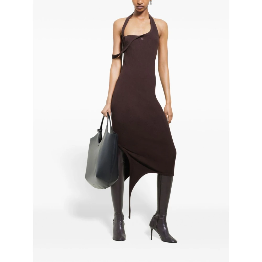 Courrèges Bruine Midi Jurk met Asymmetrische Halslijn Brown Dames