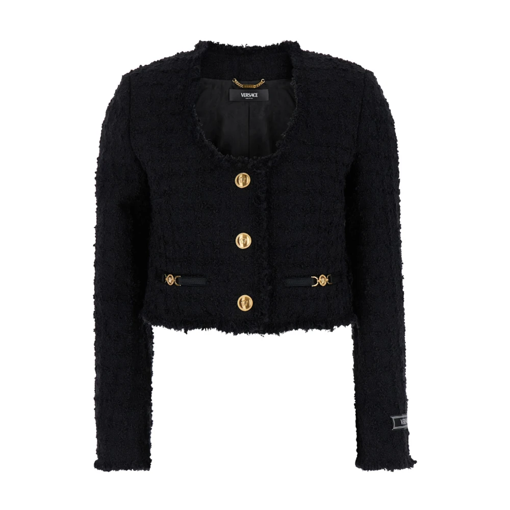 Versace Zwart Tweed Crop Jacket U-Halslijn Black Dames