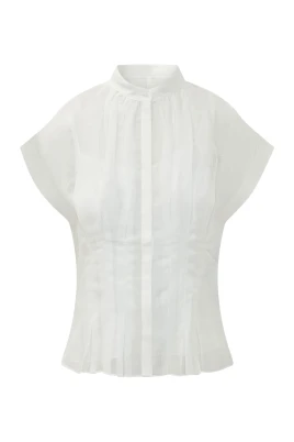 Blus med hög krage och veck