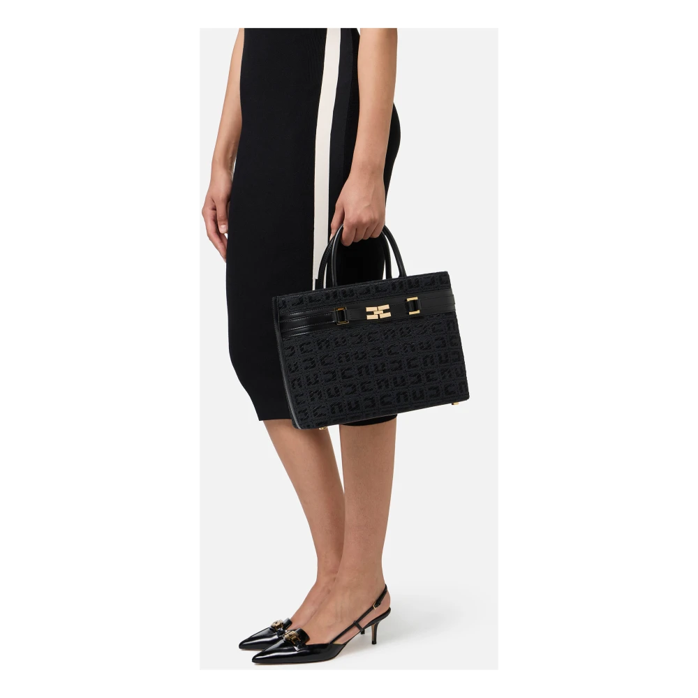 Elisabetta Franchi Zwarte Jacquard Shopper Tas met Gouden Details Black Dames