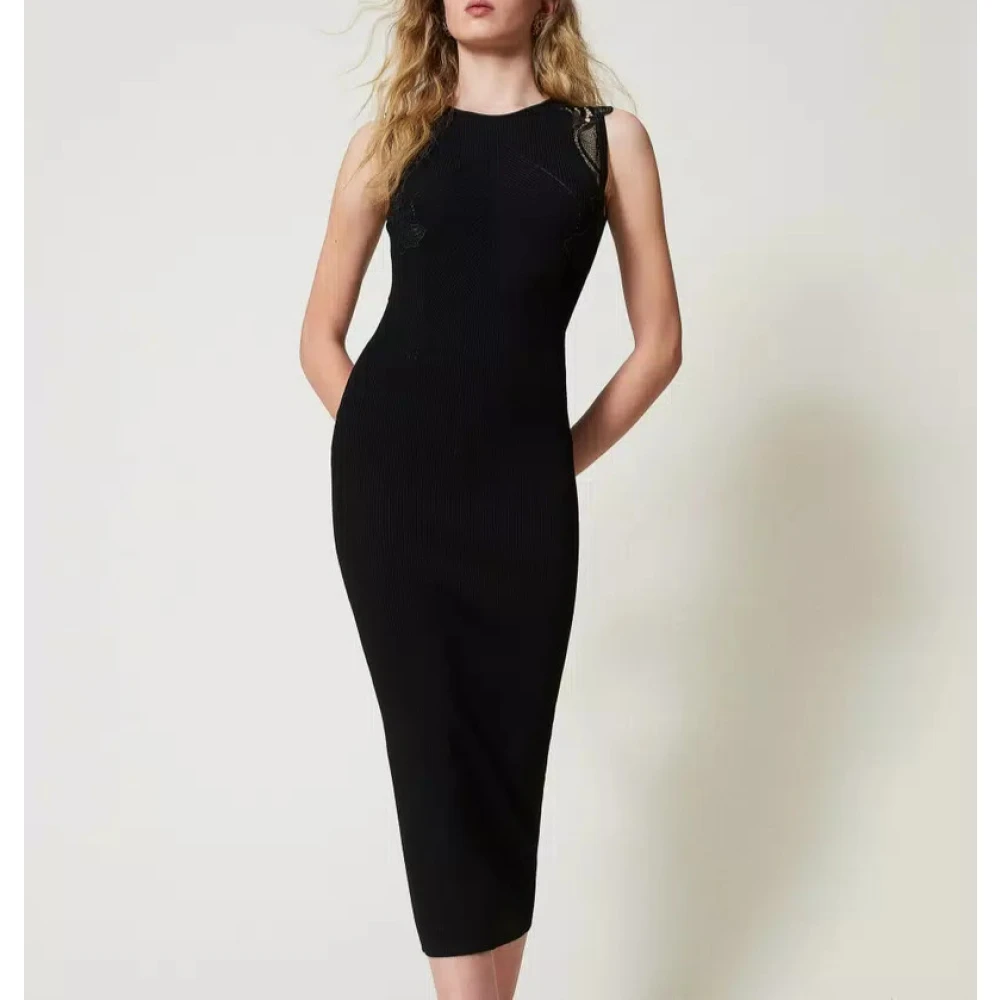 Twinset Lange Gebreide Jurk met Kant Detail Black Dames