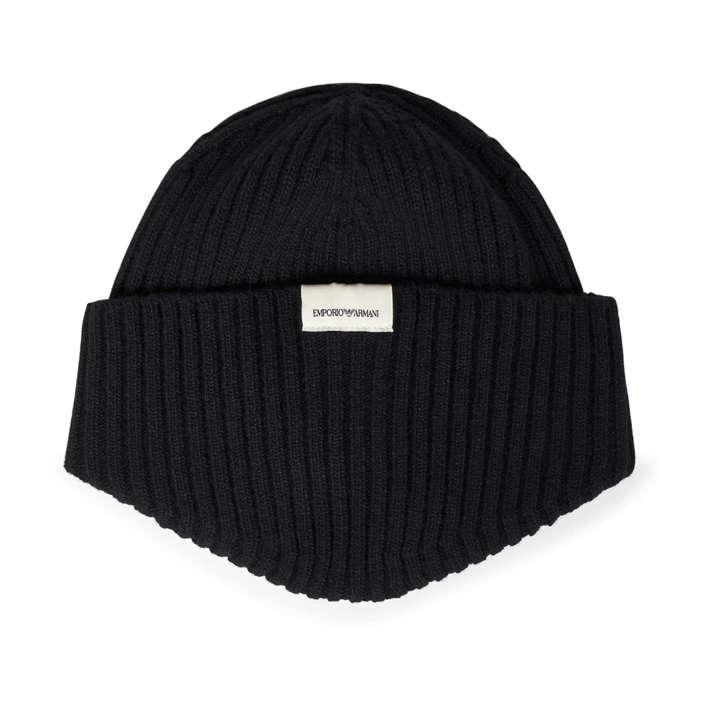 Emporio Armani Zwarte Gebreide Logo Hoeden Italië Black Heren