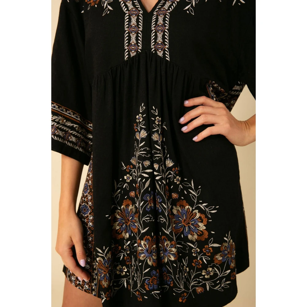 Hale Bob Zwarte Geborduurde Slub-Voile Jurk Black Dames