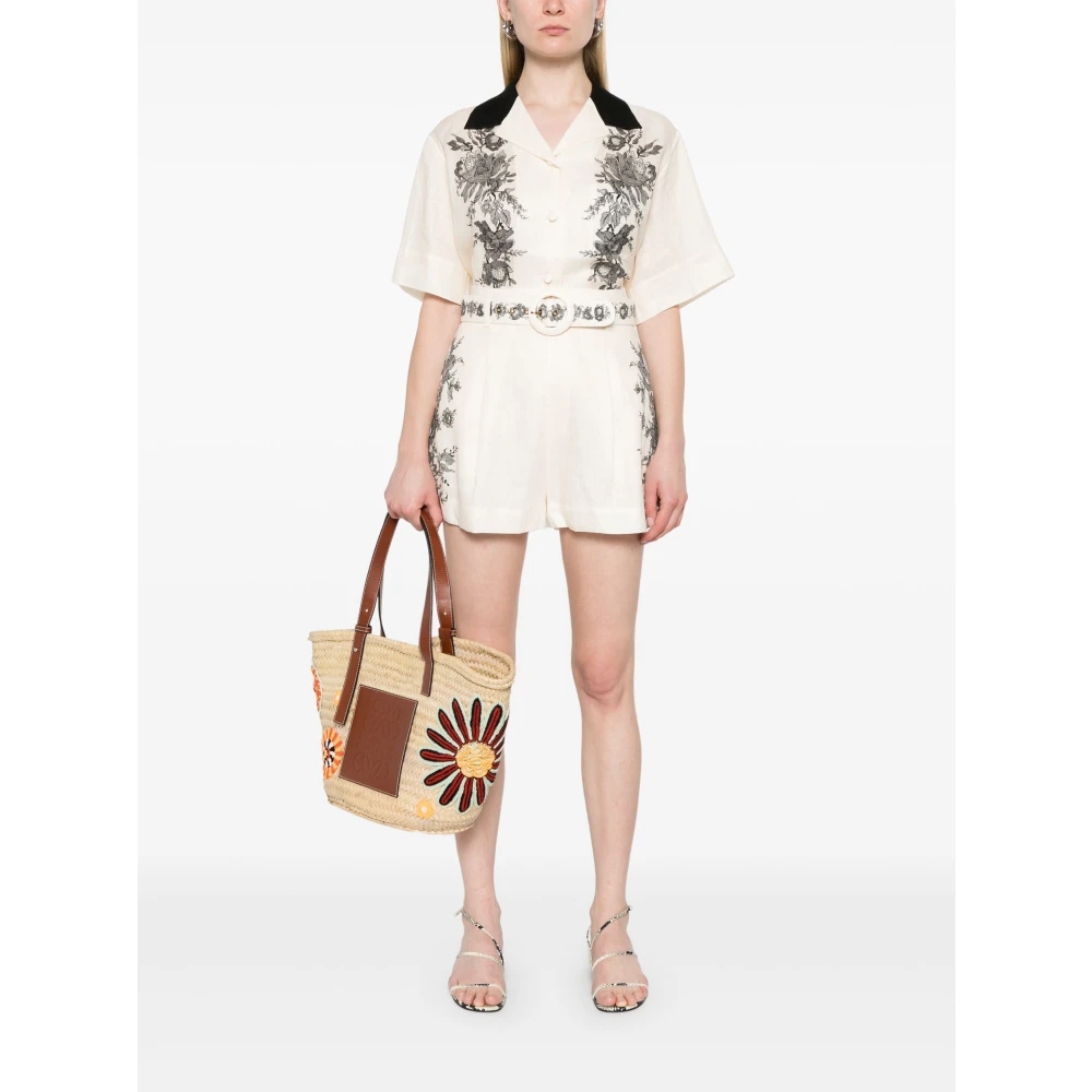 Zimmermann Bloemen Linnen Shirt Cubaanse Kraag Beige Dames