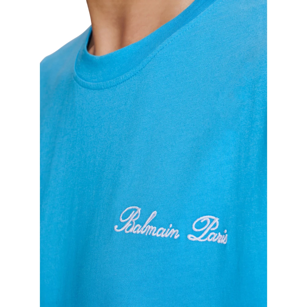 Balmain Relaxed T-shirt met Handtekeningborduursel Blue Heren