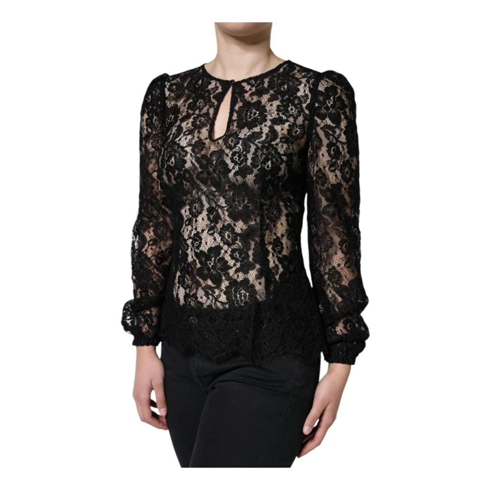 Dolce & Gabbana , Blouses, Female, Black, S, Black Lace Long Sleeve Top With Zipper