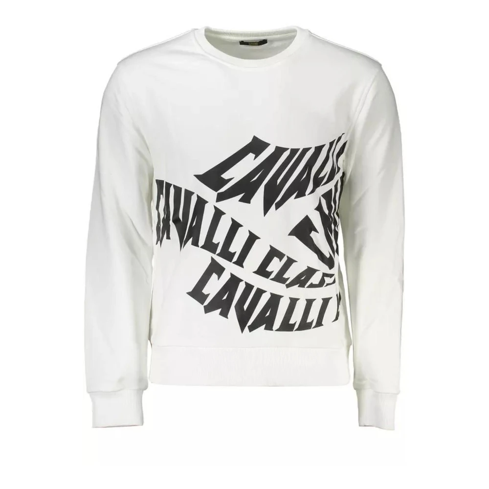 Cavalli Class Men's White Sweatshirts,, Logo Print Cotton Jumper Medium