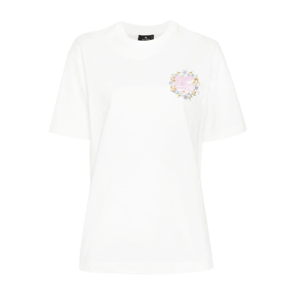 ETRO Bloemen Pegasus Crewneck Katoenen T-shirt White Dames
