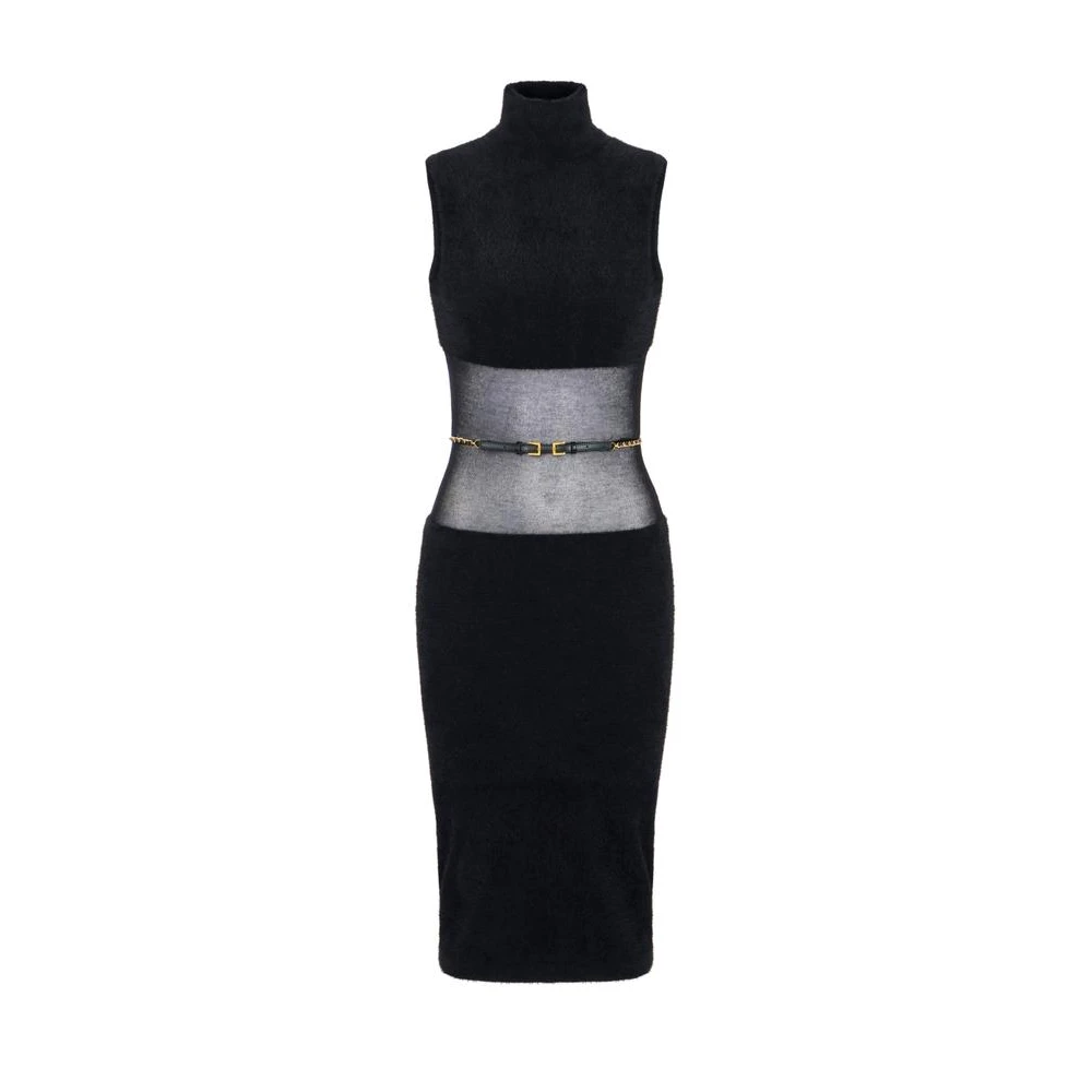 Elisabetta Franchi Black Knitted Dresses, Female, L, Knit Fabric Dress With Belt