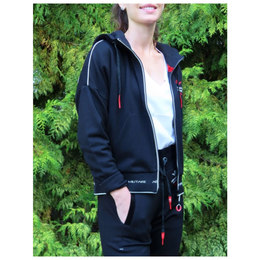 aeronautica militare Ritsvest met capuchon in gemengde viscose met katoenen fluwelen panelen Black Dames