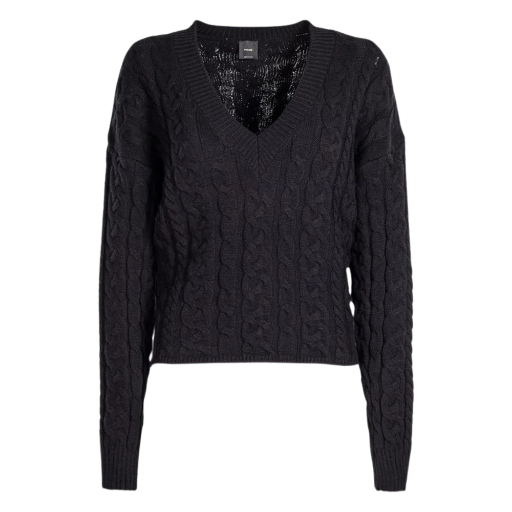 Pinko Zwarte V-hals Trui Gevlochten Patroon Black Dames