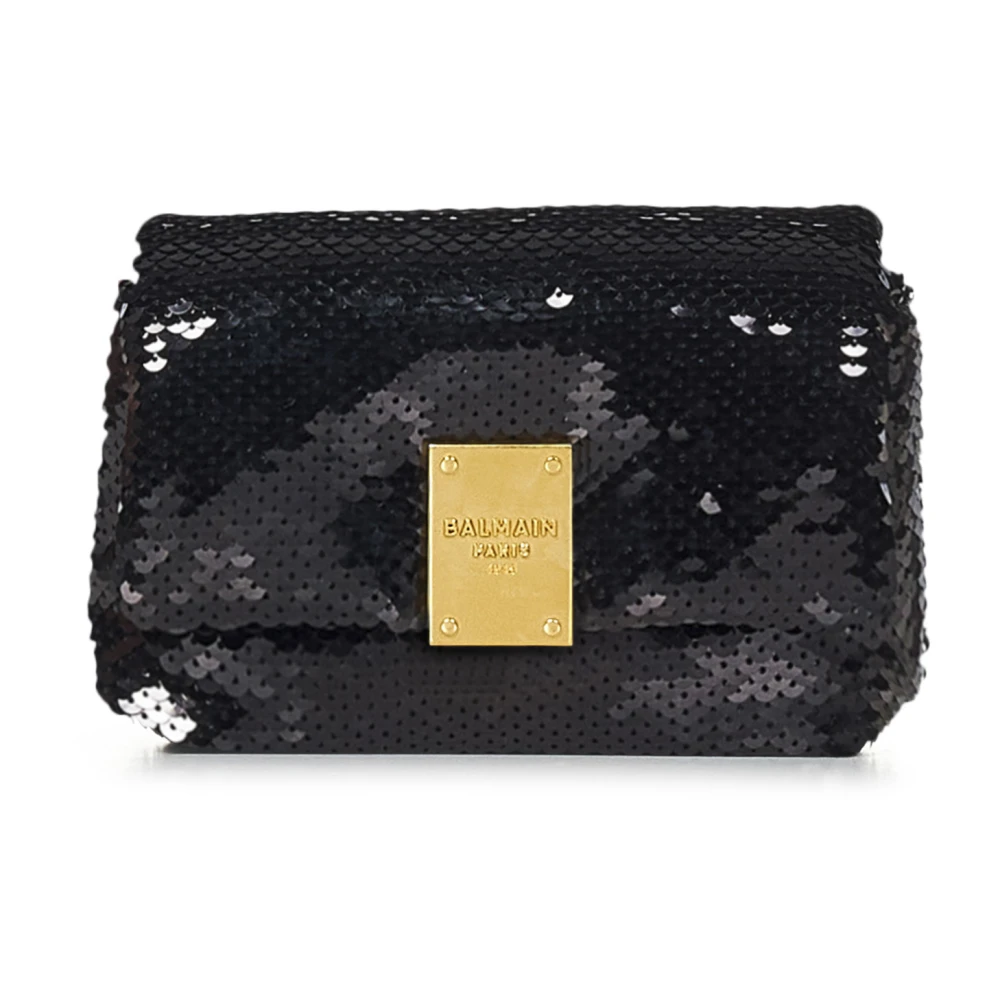 Balmain Zwarte Pailletten Schoudertas met Ketting Black Dames