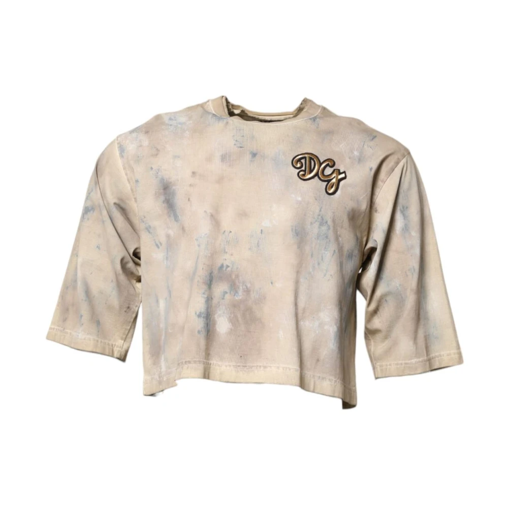 Dolce & Gabbana Men's Beige T-Shirts, L, Tiedye Cropped T-Shirt