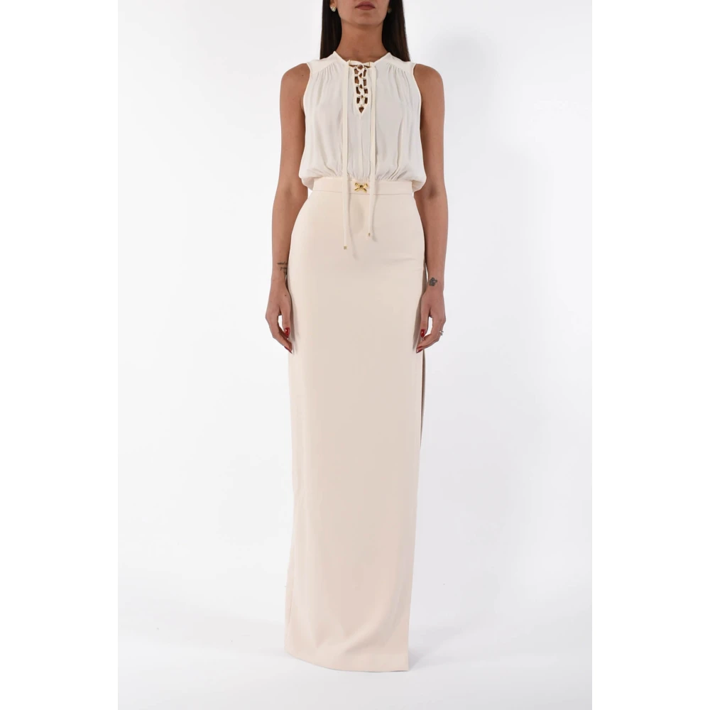 Elisabetta Franchi Lange Crêpe Jurk met Georgette Veters Beige Dames
