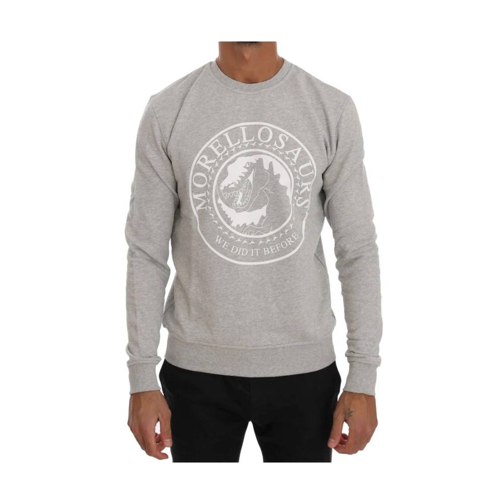 Frankie Morello Grå Bomulls Crewneck Sweater med Morellosaurs Logo Gray, Herr