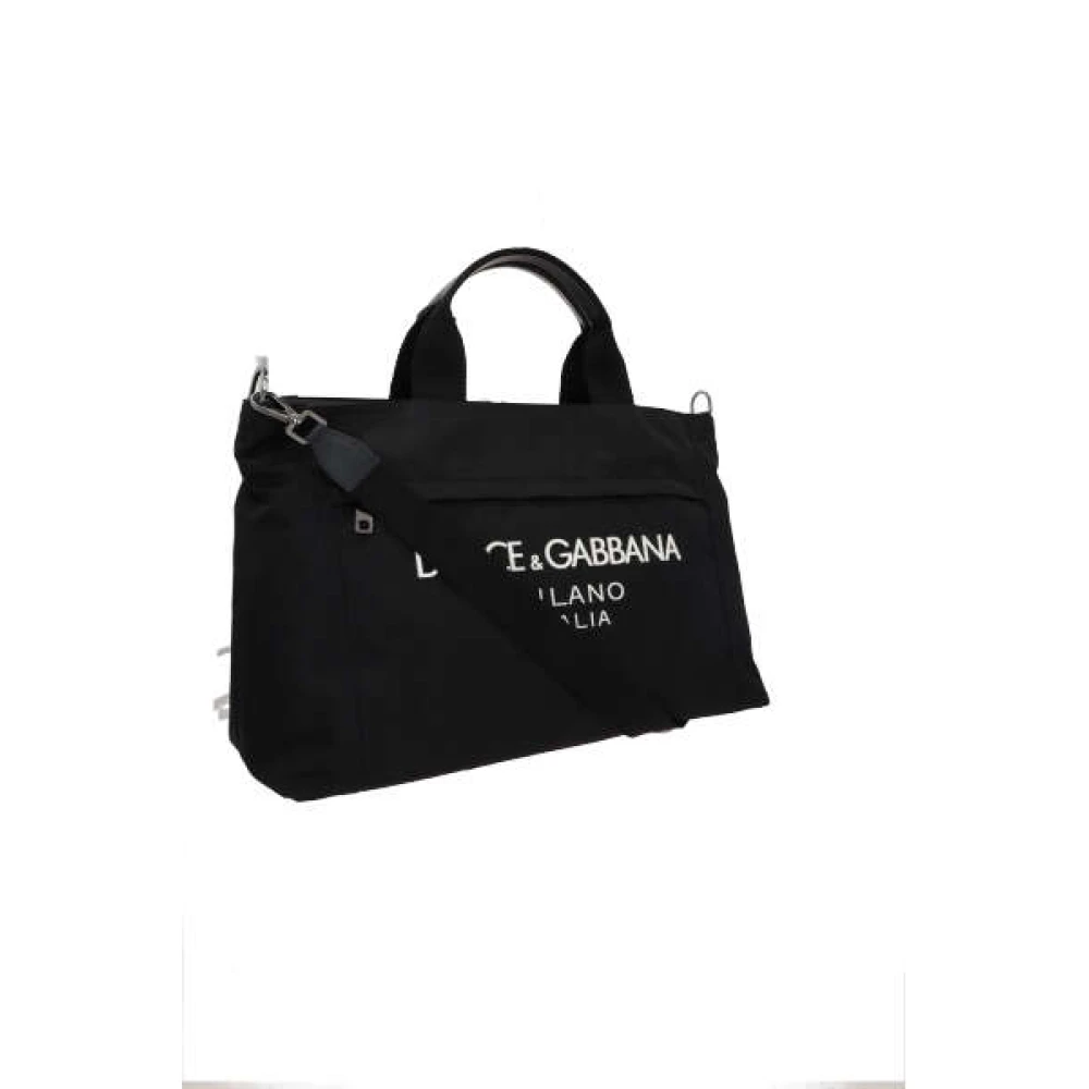Dolce & Gabbana Zwarte nylon handtas met gladleren details en contrasterende logoprint Black Heren