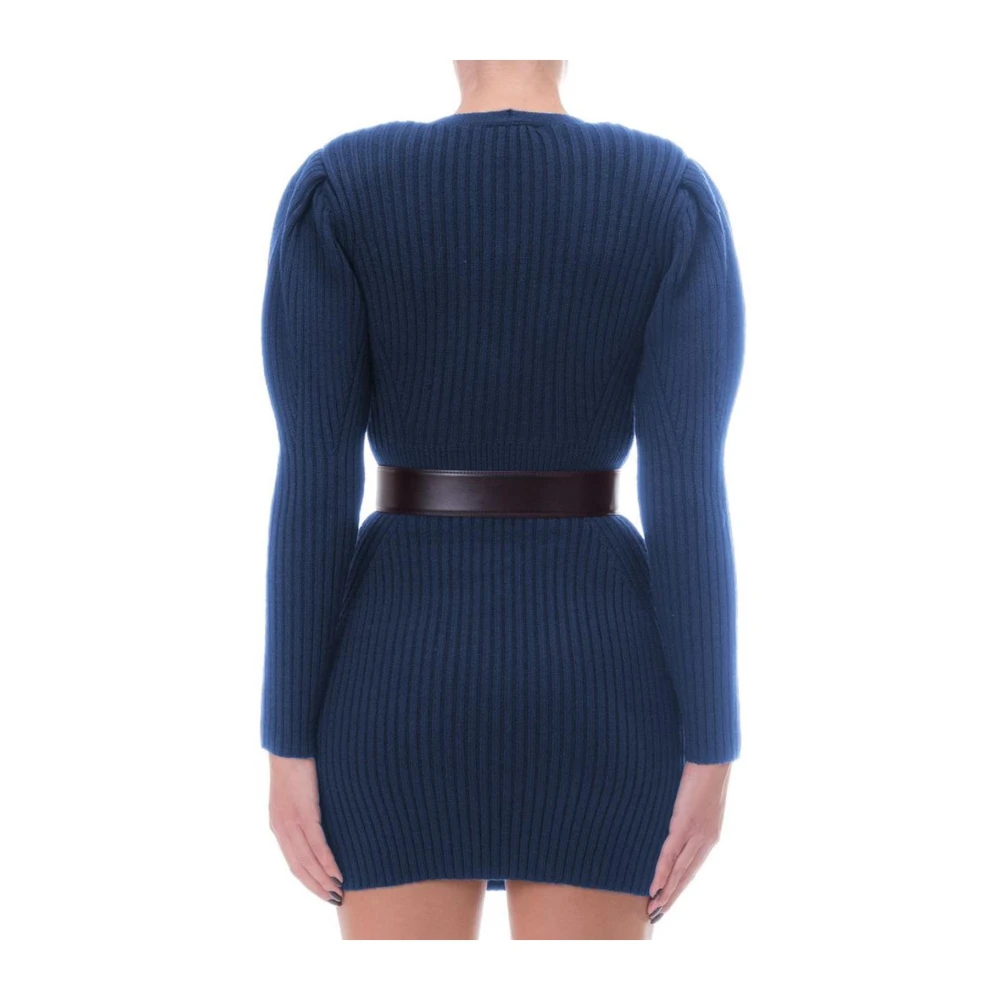 Elisabetta Franchi Blauwe Wollen Gebreide Jurk met Riem Blue Dames