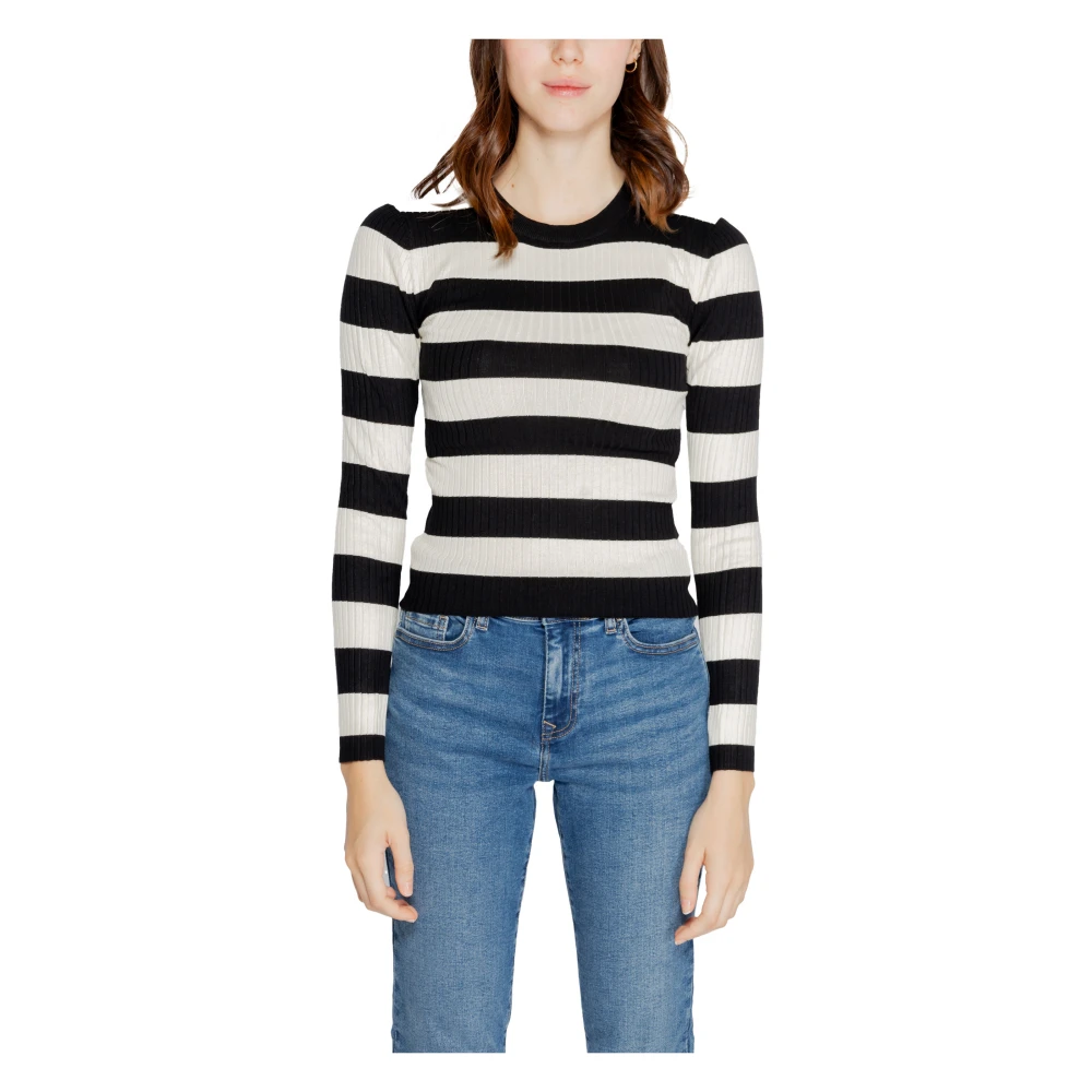 Jacqueline De Yong Women's Black Round-Neck Knitwear, M, Striped Knit Round Neck Jumper