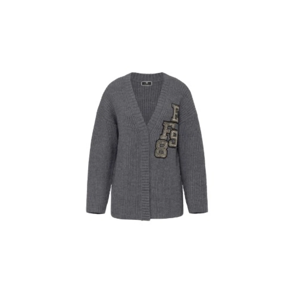 Elisabetta Franchi Grijze Wollen Cardigan met Logopatch Gray Dames