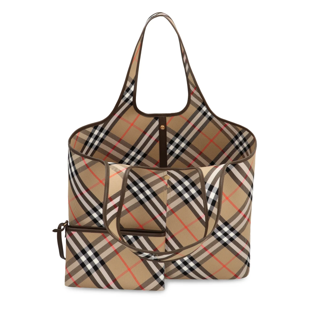 Burberry Geruite Motief Tote Tas met Leren Details Beige Dames