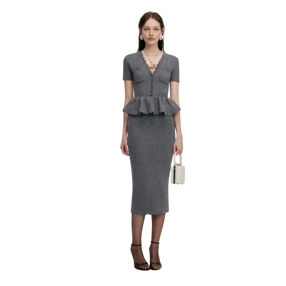 Self Portrait Women's Gray V-Neck Knitwear, S, Peplum Knit Midi Dress