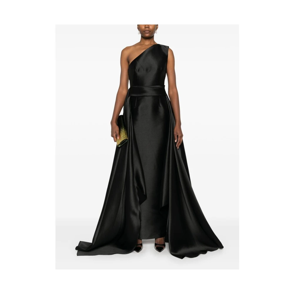 Solace London Zwarte Satijnen One-Shoulder Jurk met Ceintuur Black Dames
