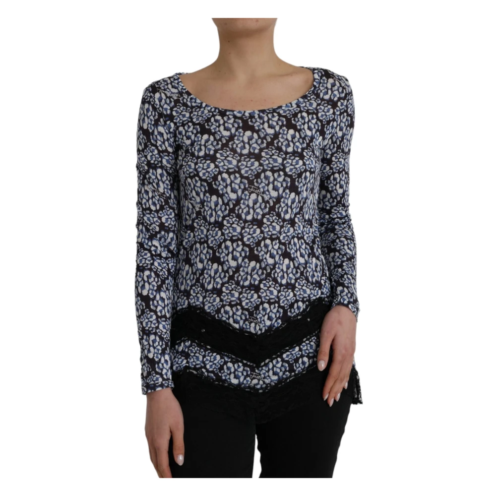 Just Cavalli Women's Blue Floral Lace Long Sleeve Top