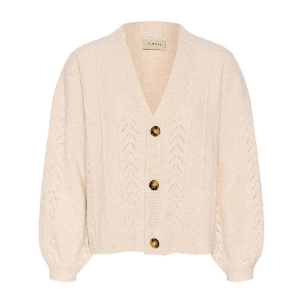 Cream Beige Cardigans, Female, L/Xl, Knit Cardigan With Puff Sleeves
