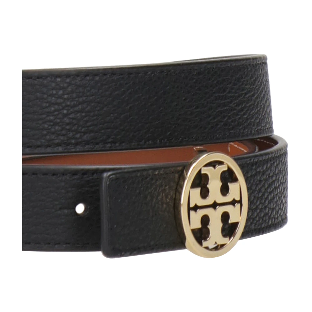 TORY BURCH Riem van generfd leer met logo-gesp Black Dames