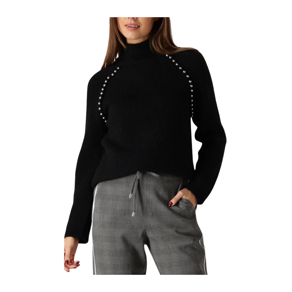 MOS MOSH Zwarte gebreide trui met kraaltjes en hoge hals Black Dames